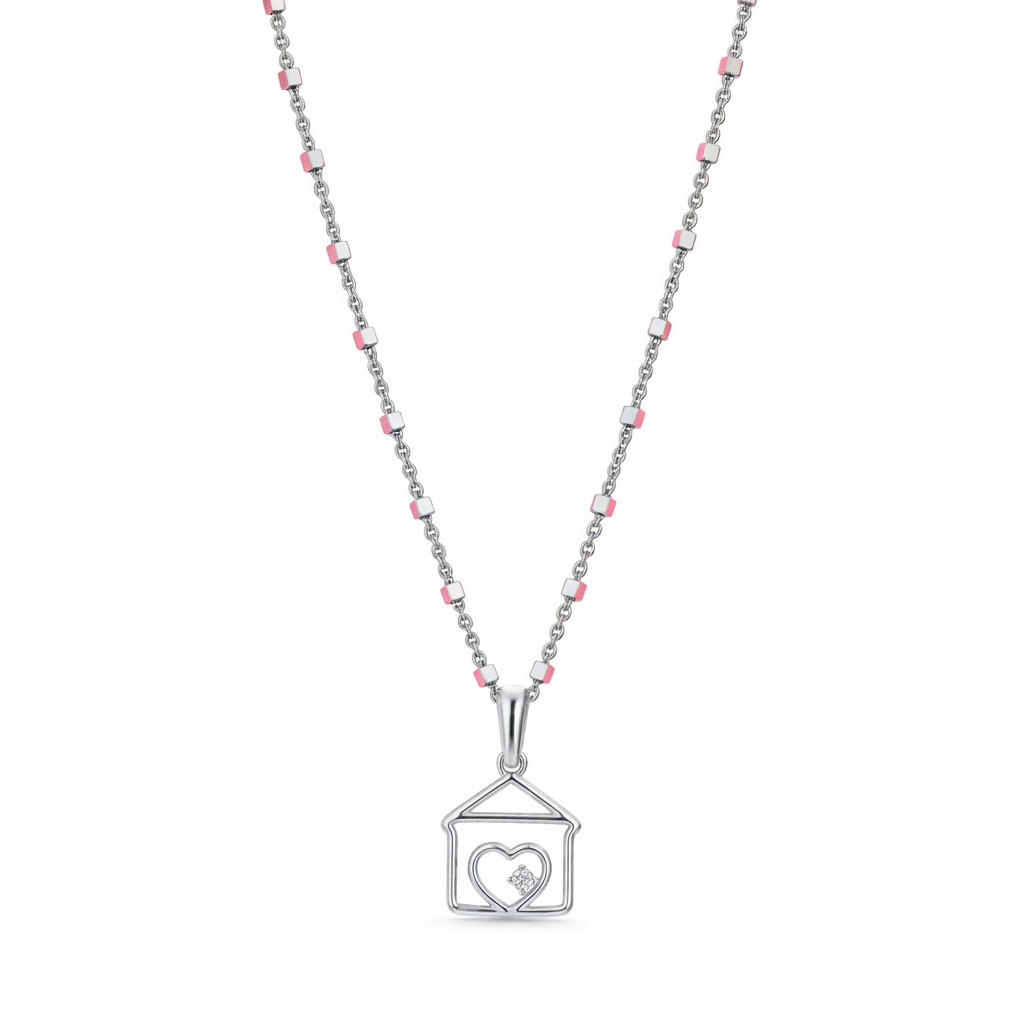 Versione in argento della collana con pendente a casetta e cuore